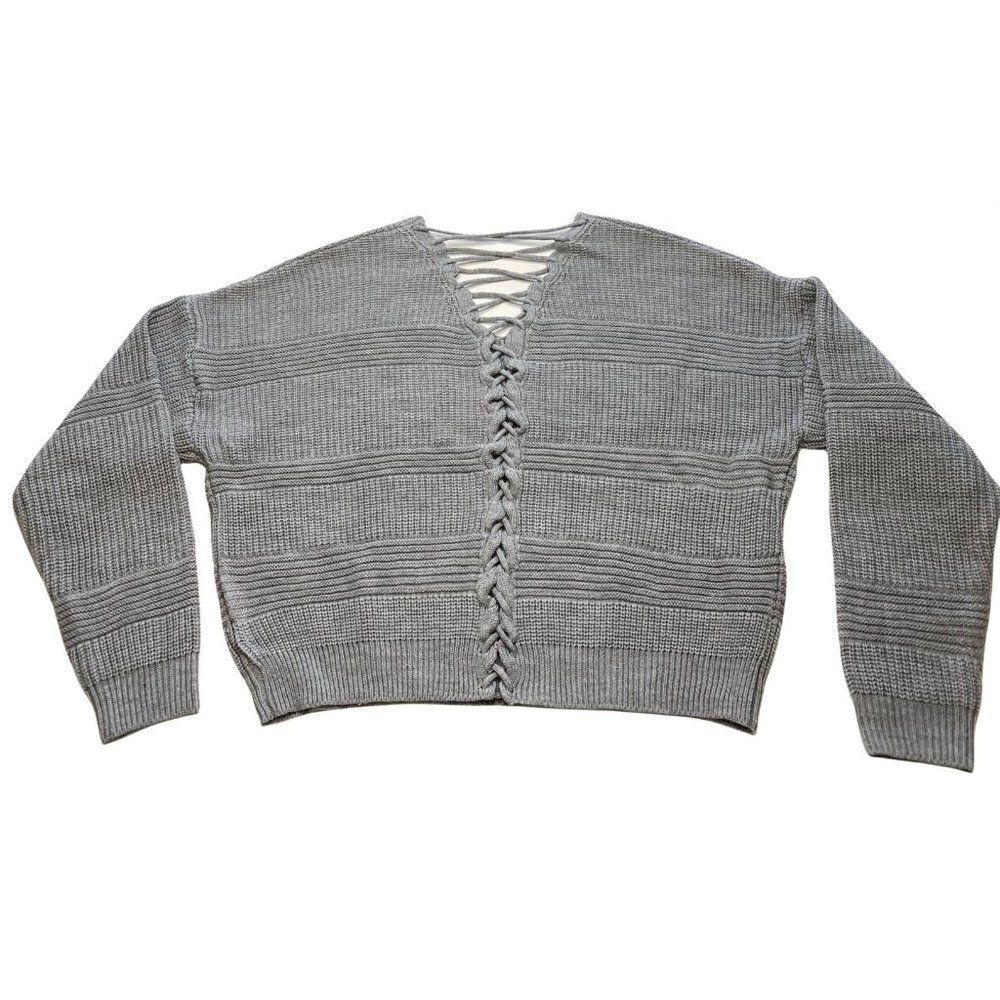 Numero Sweater Top Womens XL Grey Lace-Back Cropped Long-Sleeve Soft Lightweight - Picture 4 of 13